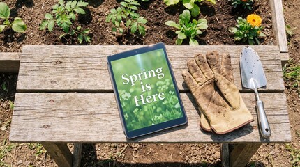 Tablet with Spring is Here text next to gardening gloves and a trowel. Outdoor garden bench with tools and young seedlings. Seasonal gardening concept