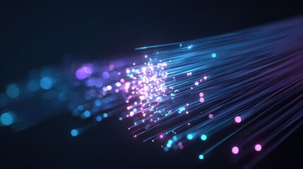 Obraz premium Futuristic network of glowing cables and pulses in a dark tech scene