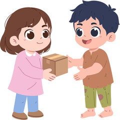 cartoon, child, charity, donation, zakat, muslim, cute, character, illustration, children, kids, ramadan, alms, gift, package, helping, 