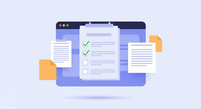 A digital checklist displays completed tasks within a browser window