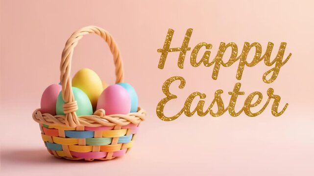 Vibrant Easter basket filled with colorful eggs on pastel background