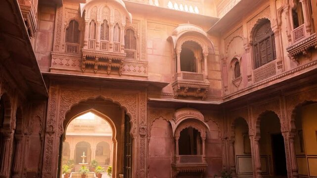 Traditional Indian sandstone palace courtyard with intricate carvings. Historical haveli architecture in Rajasthan. Ancient royal heritage concept
