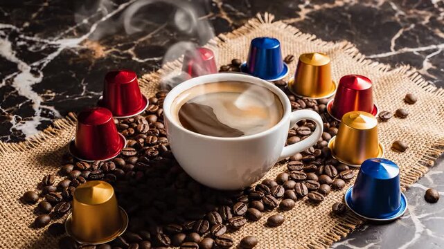 A steaming cup of coffee sits on a burlap mat surrounded by coffee beans. Colorful coffee capsules are arranged around the coffee cup, creating a vivid scene.