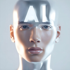 Futuristic Human Face with AI Text Projection, Artificial Intelligence and Digital Mind Concept