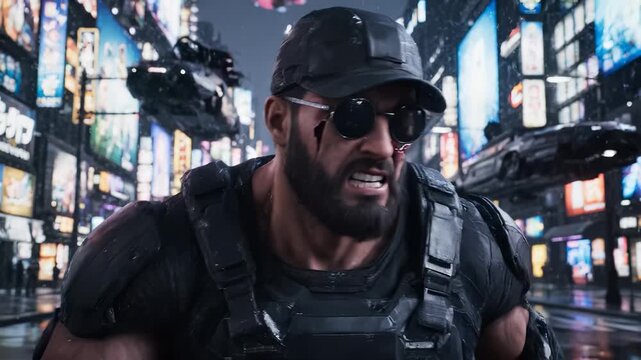 A muscular man with sunglasses and a tactical outfit stands in a neon-lit futuristic city. The man exhibits a fierce expression amidst hovering vehicles and towering skyscrapers.