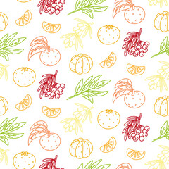 Seamless pattern with colorful outline rowan berries, sea buckthorn and tangerines. Fresh autumn fruit background for organic food packaging, textile prints, or kitchen decor projects