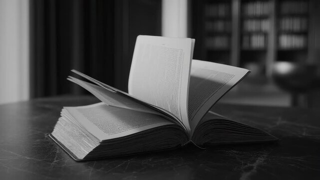Elegant monochrome rendering of an open book with turning pages, resting on table