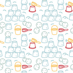 Seamless design with bright outlines of sand buckets, toy shovels, snow castles. Background for winter activities for children's projects, printed on fabric, wrapping paper, in children's room decor © Svetlana