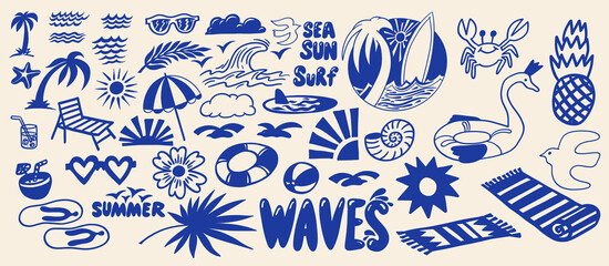 Naklejka premium Hand drawn doodle beach and surf icon set with tropical elements such as palm trees, waves, surfboards, sun. Fun summer perfect for t-shirts, posters, stickers, travel graphics, coastal branding.