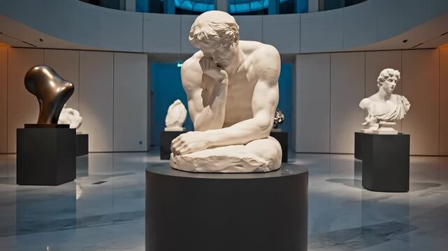 The hall features multiple sculptures, highlighting artistic expressions. A prominent figure sits contemplatively, surrounded by abstract and classical sculptural pieces.