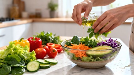 Healthy Salad Preparation with Fresh Vegetables in Modern Kitchen Ultra Realistic 4K Food Photography