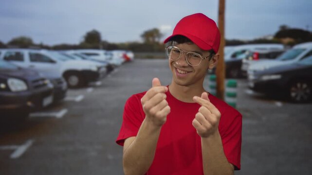 Young man wearing glasses and red cap makes finger heart gesture beside parked car on street; affection.