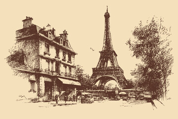 Obraz premium Eiffel Tower, Paris, France illustration in a vintage style. This vector illustration can be used in any size you like for advertising, logos, and other work. 