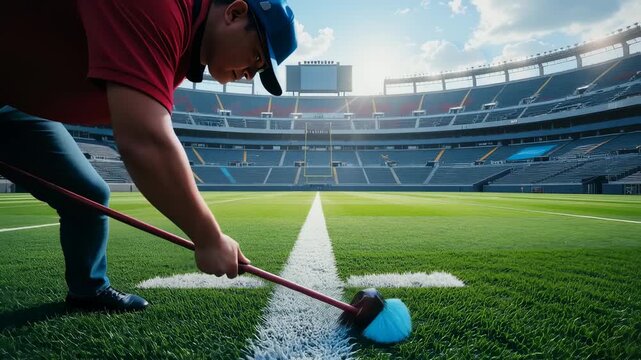 Stadium groundskeeper meticulously paints lines on a vibrant green sports field, getting ready for the next match
