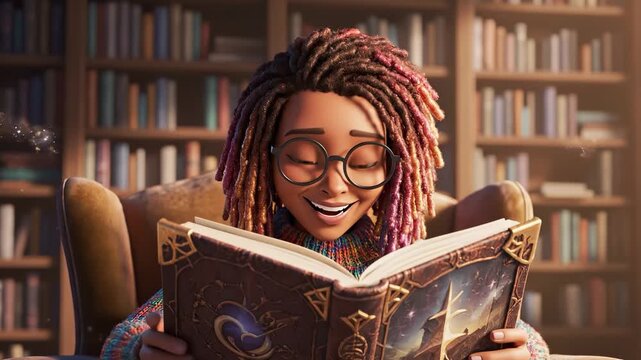 A young girl with dreadlocks reads a large book in a cozy library. The girl enjoys the story while surrounded by rows of books on shelves.