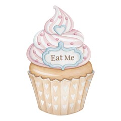 Naklejka premium Watercolor magic pancake with Eat Me label, Alice in Wonderland fairytale sweet isolated on white.