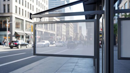 Blank hanging signboard outside modern building on city street
