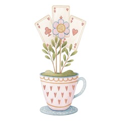 Naklejka premium Watercolor magic card flowers in a pot, Alice in Wonderland fairytale garden illustration isolated on white.