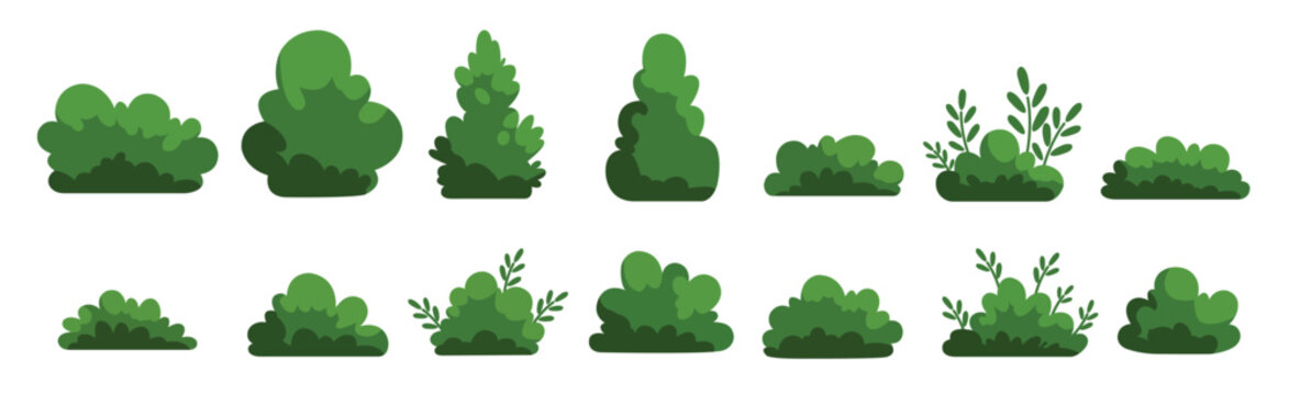  set of various green bushes and shrubs in flat style ideal