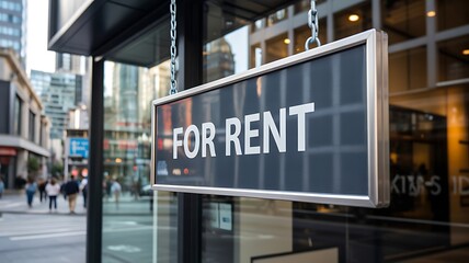 Obraz premium For rent sign hanging on modern city street with glass buildings 
