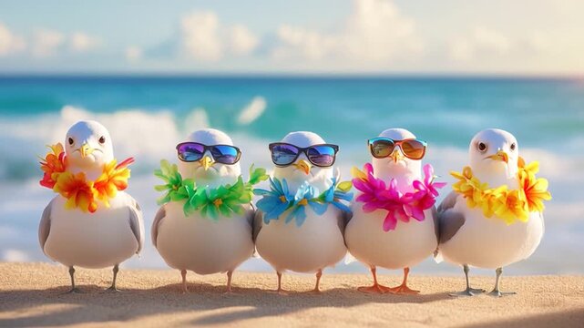 Dancing seagulls wearing sunglasses and flower leis on a tropical beach, enjoying a travel getaway with exotic ocean waves, a paradise holiday atmosphere, and festive events.