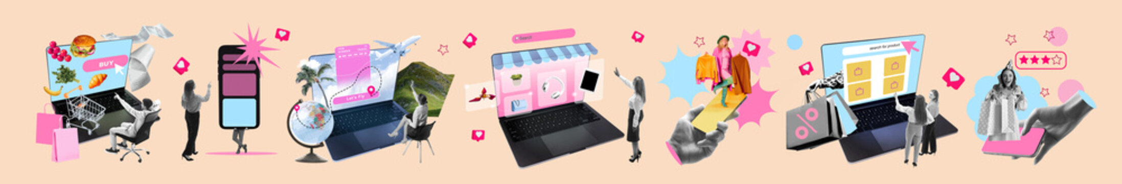 Colorful collage digital commerce and online shopping workflow. Concept of ecommerce platforms, mobile payments, digital marketing, consumer behavior, and online retail business visuals. Banner