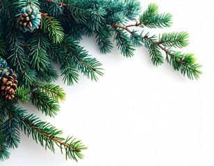 Obraz premium Evergreen Fir Tree Branches with Pinecones on White Background Holiday Still Life
