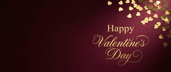 Happy Valentines Day text with gold heart confetti on dark red background, romantic celebration concept, copy space for text