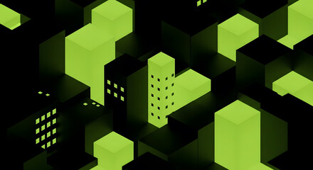 Fototapeta premium Abstract digital cityscape with glowing green blocks and dark geometric forms