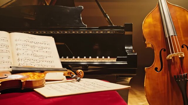 The scene features a grand piano and sheet music. A violin rests beside the sheet music on a table, emphasizing the musical atmosphere.
