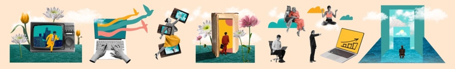 Surreal collage creativity innovation and modern business ideas. Concept of digital transformation, creative workflow, strategic thinking, entrepreneurship, future oriented business content. Banner © master1305