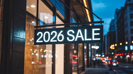 Obraz premium 2026 sale sign glowing on city street at night 