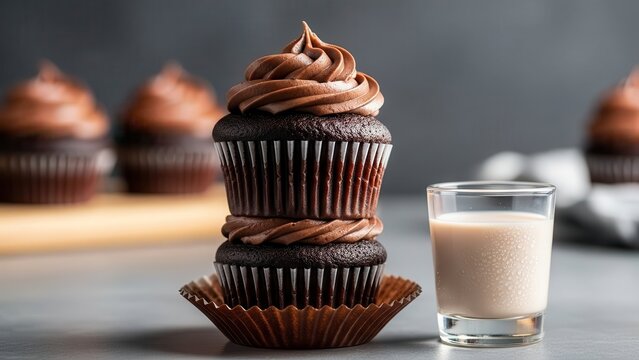 Stack of two rich chocolate cupcakes with chocolate frosting, served next to a small shot glass of creamy liqueur