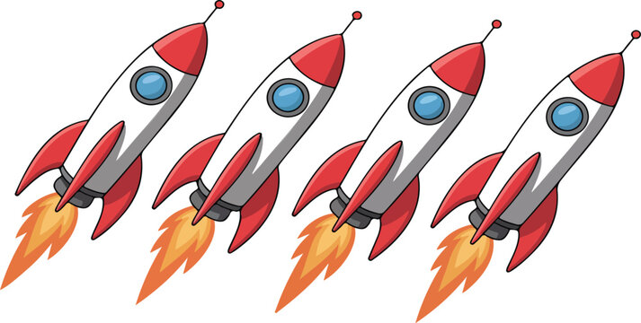 Cute Cartoon Rocket Ships Vector &ndash; Launching Space Rockets with Fire Trail