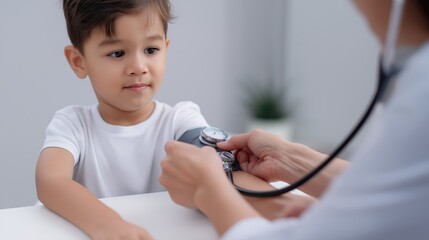 Young boy receiving blood pressure check from doctor indoors 