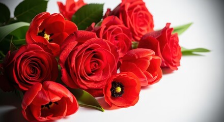 Obraz premium Close up of a luxurious bouquet of deep red roses and tulips glistening with water droplets
