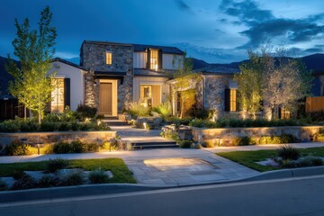 Dusk-lit house exterior with glowing windows and garden lighting along a stone walkway