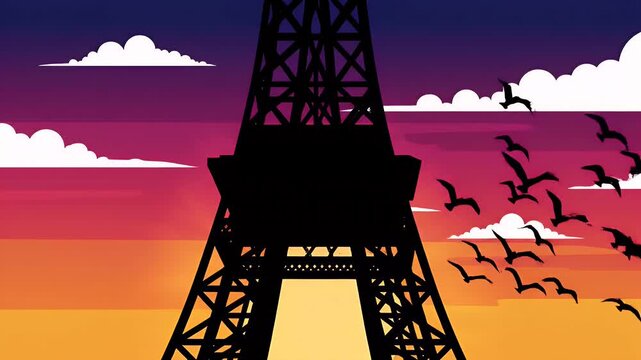 Eiffel Tower silhouette against vibrant sunset sky in Paris