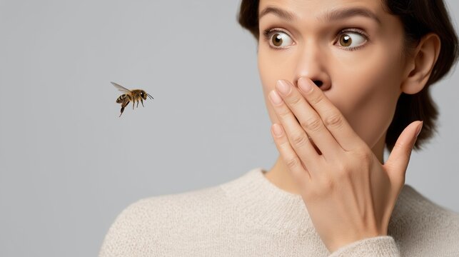 Young woman surprised by a bee while covering her mouth indoors  