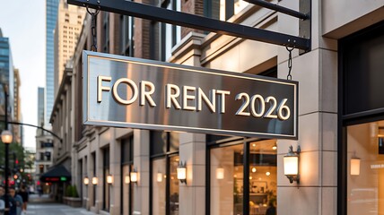 Obraz premium For rent 2026 sign glowing outside modern city building 
