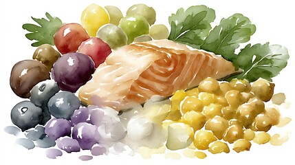 High protein recipe card concept, Colorful array of fresh fruits and salmon on a white background.
