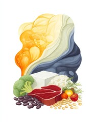High protein recipe card concept, A vibrant illustration showcasing various nutritious foods.