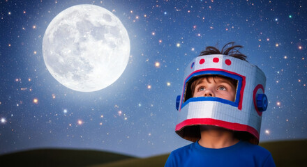 Young boy wearing astronaut toy helmet gazing at the moon in night sky  