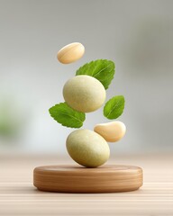 High protein recipe card concept, Floating ingredients with mint leaves on a wooden tray.