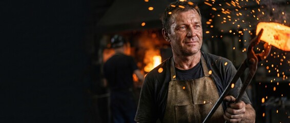 Obraz premium Senior Caucasian blacksmith holding glowing metal with tongs, sparks flying in workshop Skilled craftsman working with fire and metal, industrial concept