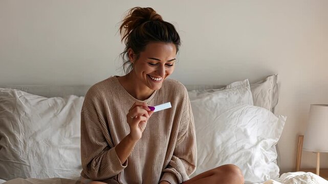 Joyful Woman Celebrating Pregnancy Test Result at Home