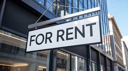 Obraz premium For rent sign on modern glass building exterior 