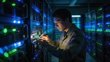 Fototapeta na wymiar Male data center technician checks network cables in server room, blue led racks and low light mood, cybersecurity maintenance and uptime support for IT operations