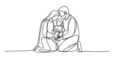 Minimalist continuous line drawing of the holy family mary joseph and baby jesus kneeling together Vector, illustration © Ratna Art_Gallery