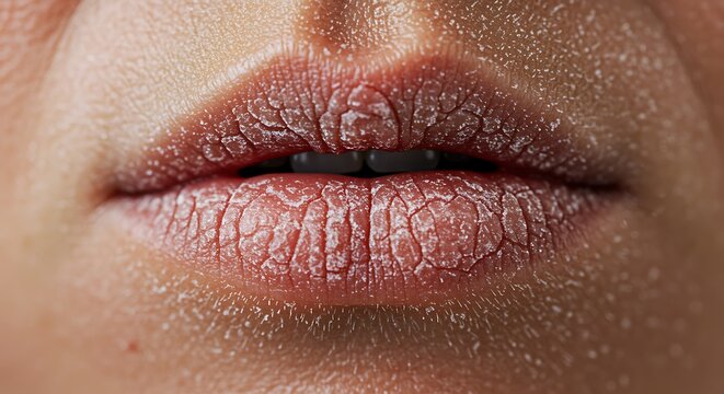 Close up of dry and chapped lips with visible skin texture and fine lines, dry skin, lip care, beauty, health issues
